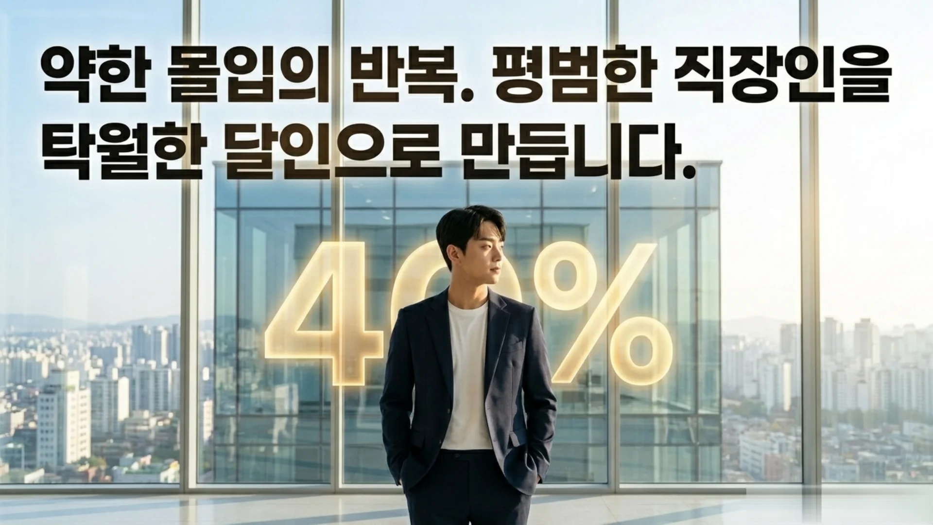고층 빌딩 전망이 보이는 밝은 사무실에서 팔짱을 끼고 서 있는 남성과 배경의 황금빛 40% 숫자