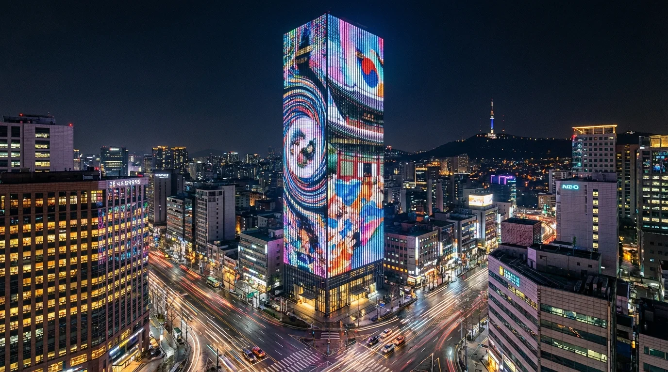서울 도심 건물 외벽에 LED 미디어파사드 영상이 송출되는 야경 전경