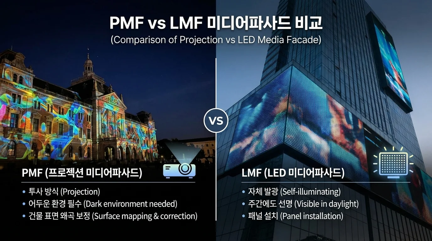 프로젝션 미디어파사드 PMF와 LED 미디어파사드 LMF 방식 비교 인포그래픽