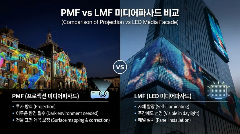 프로젝션 미디어파사드 PMF와 LED 미디어파사드 LMF 방식 비교 인포그래픽