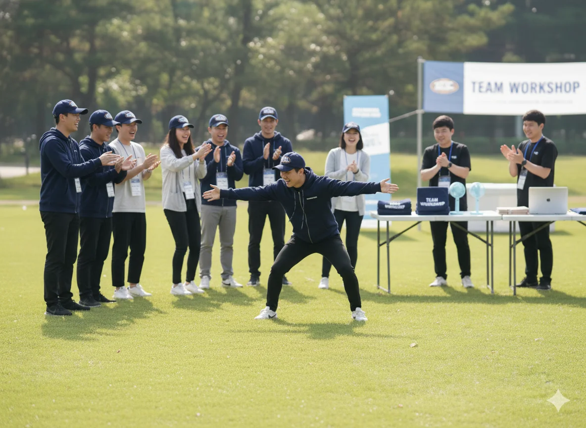 네이비 후드집업·볼캡을 착용한 팀원들이 야외 잔디밭 워크숍에서 제스처 게임(몸으로 말해요)을 진행 중인 현장 — 브랜드부스트 제작 사례