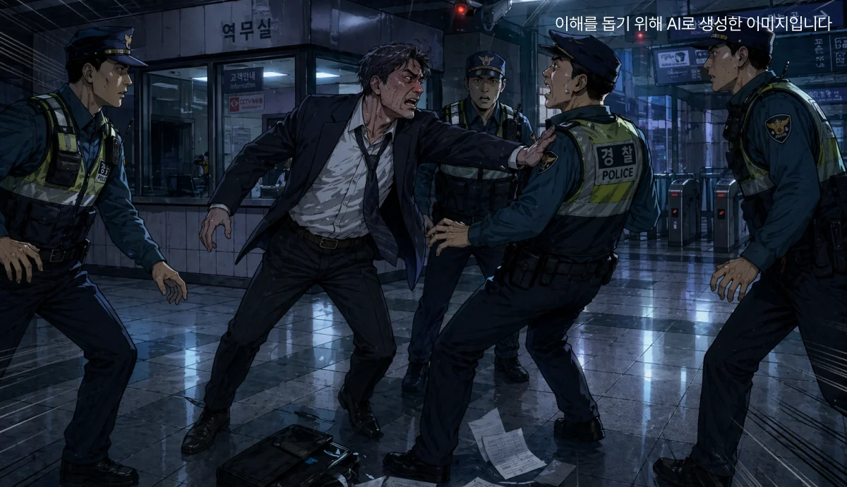 경찰을 밀치는 남성의 모습 일러스트