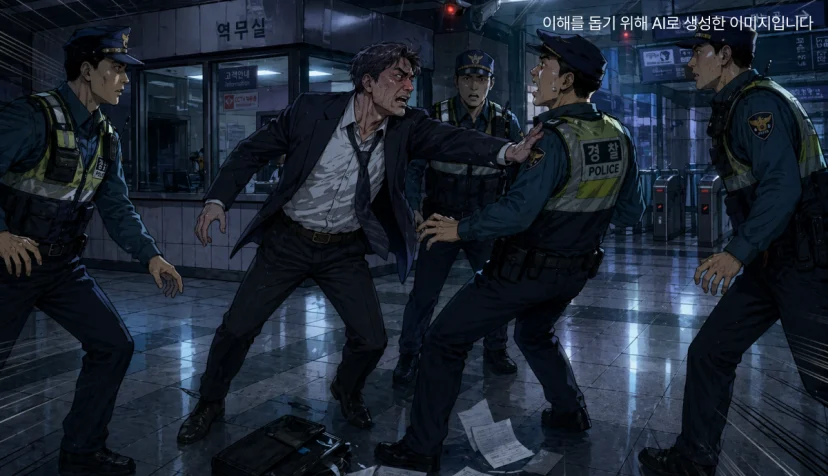 경찰을 밀치는 남성의 모습 일러스트