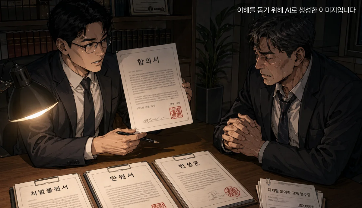 우발성과 반성 정도를 입증하는 자료들을 의뢰인에게 보여주는 변호사의 모습 일러스트