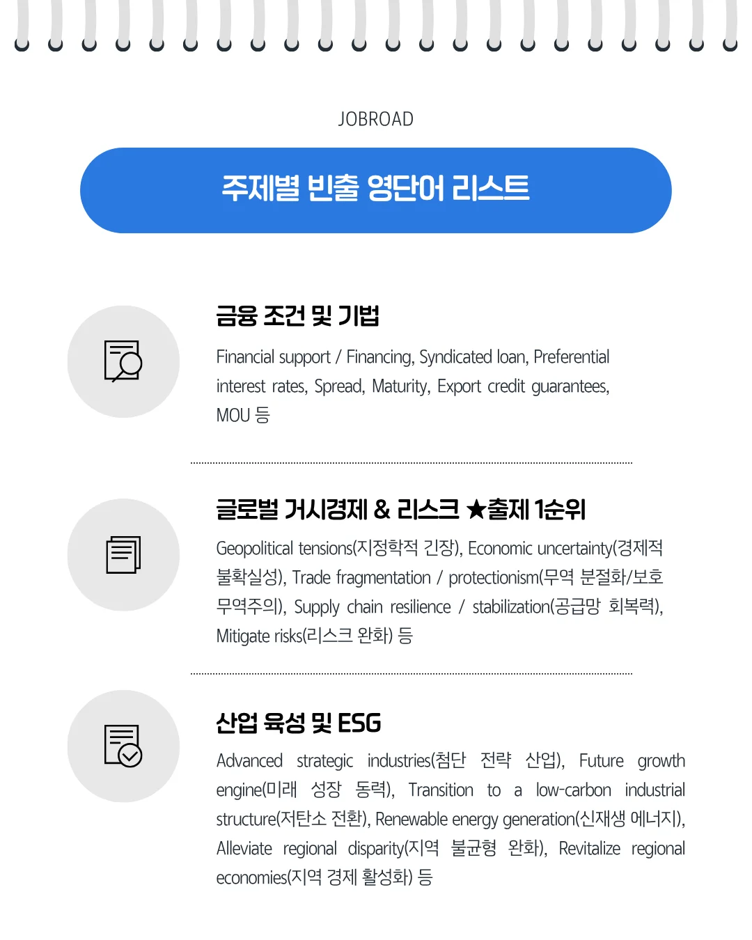 금융 조건 및 기법, 글로벌 거시경제 리스크, 산업 육성 및 ESG 테마별 빈출 영단어 리스트. 지정학적 긴장, 공급망 회복력, 저탄소 전환 등 최신 출제 트렌드 반영.