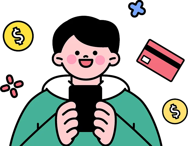 스마트폰을 들고 웃고 있는 캐릭터와 신용카드, 달러 기호 아이콘이 어우러진 PG 심사 통과 꿀팁 안내