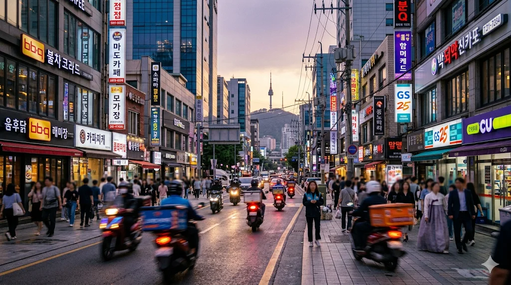 Delivery scooters driving through sunset Seoul city street