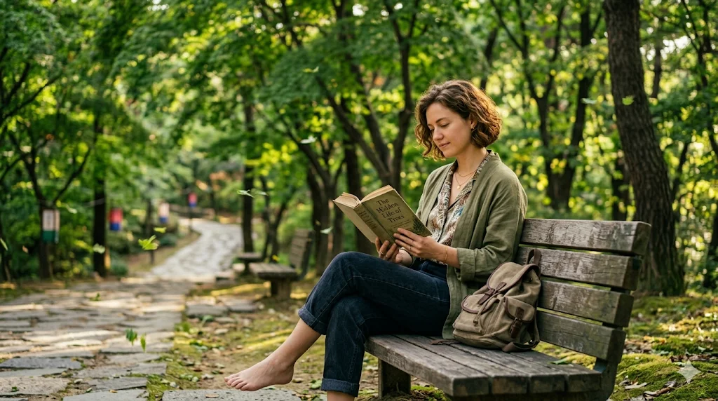 Woman reading book on wooden bench in nature