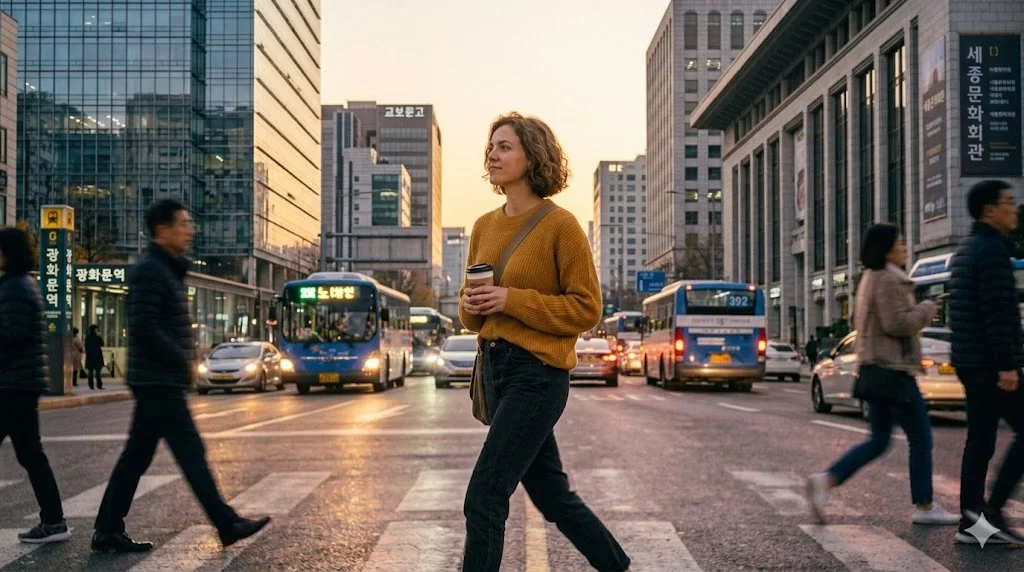 Traveler crossing busy road in urban South Korea