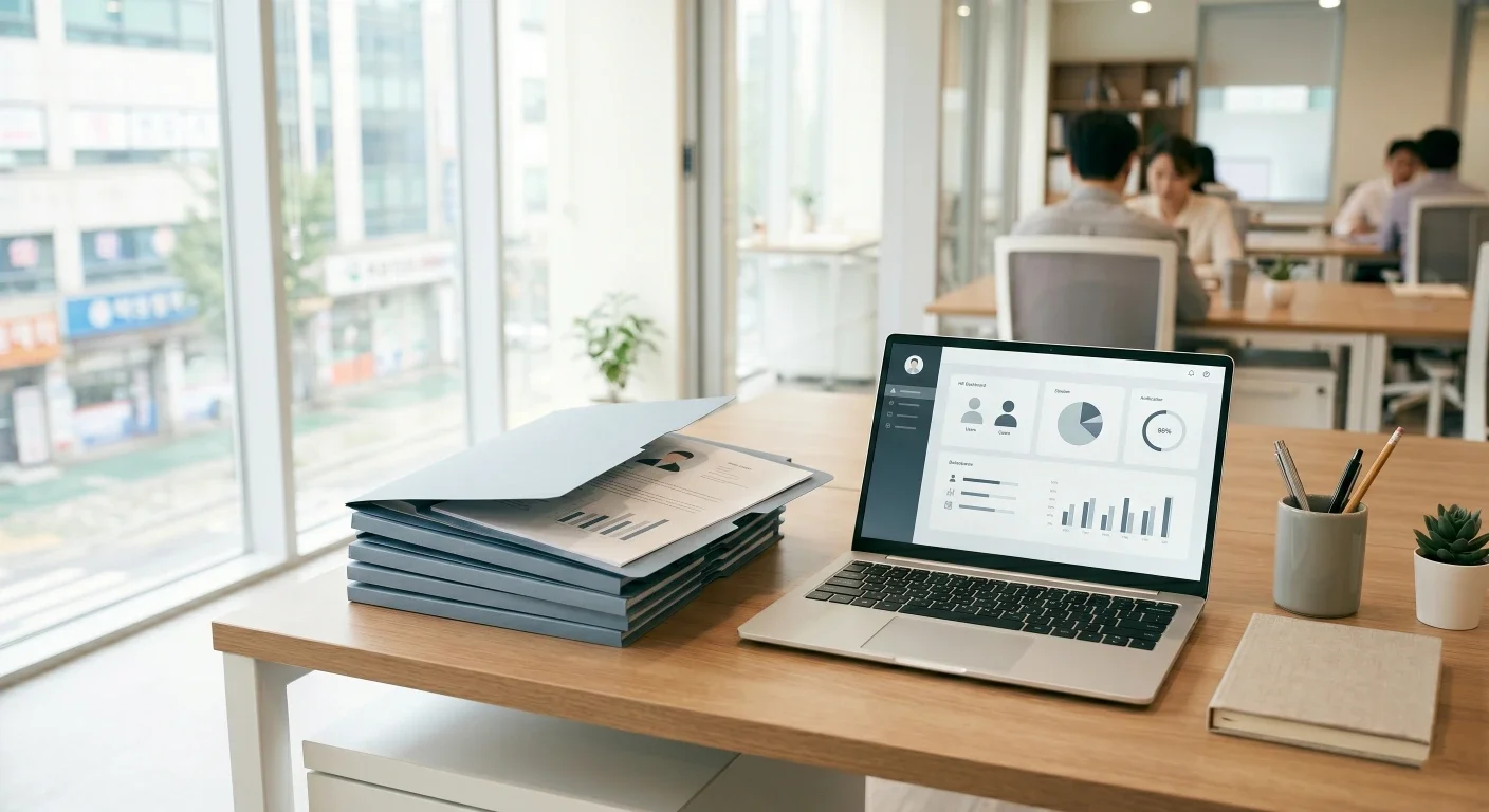 사무실 책상 위 인사평가 서류가 놓여있는 모습