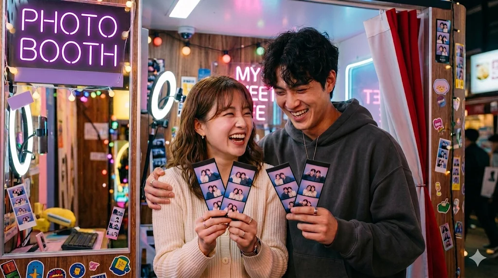 Smiling Korean couple holding new photo booth strips