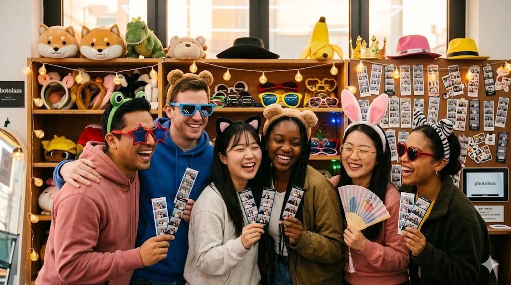 Group of six diverse friends laughing while selecting props 