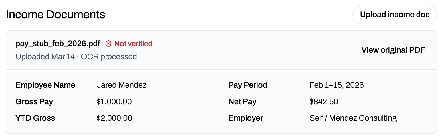 Every document runs through OCR, extracting pay information and income consistency, and cross-references it against their personal information.