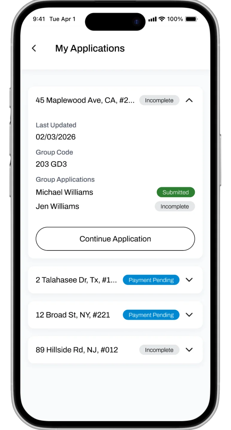 Progress saves automatically and prospects can easily find their pending applications. 