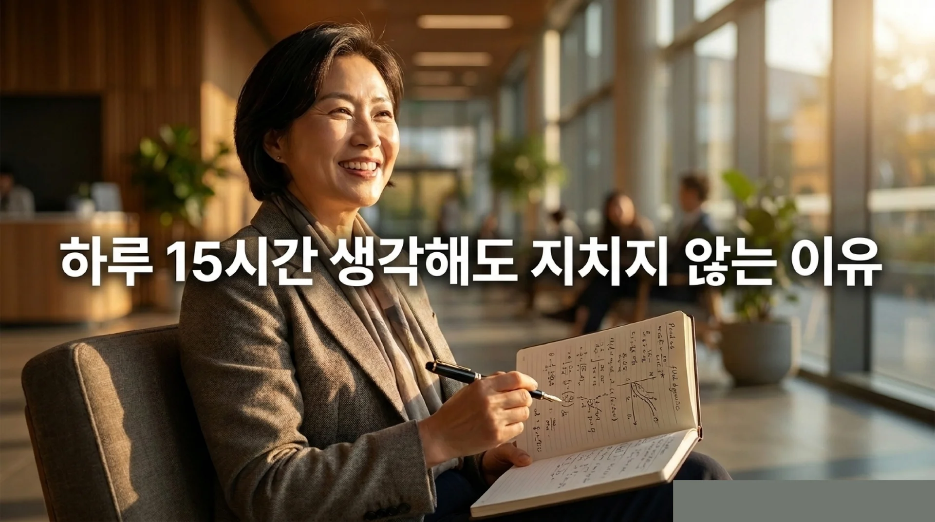 환한 복도에서 노트를 들고 미소 짓는 50대 여성 연구원의 모습과 함께 '하루 15시간 생각해도 지치지 않는 이유'라는 문구가 표시된 슬라이드