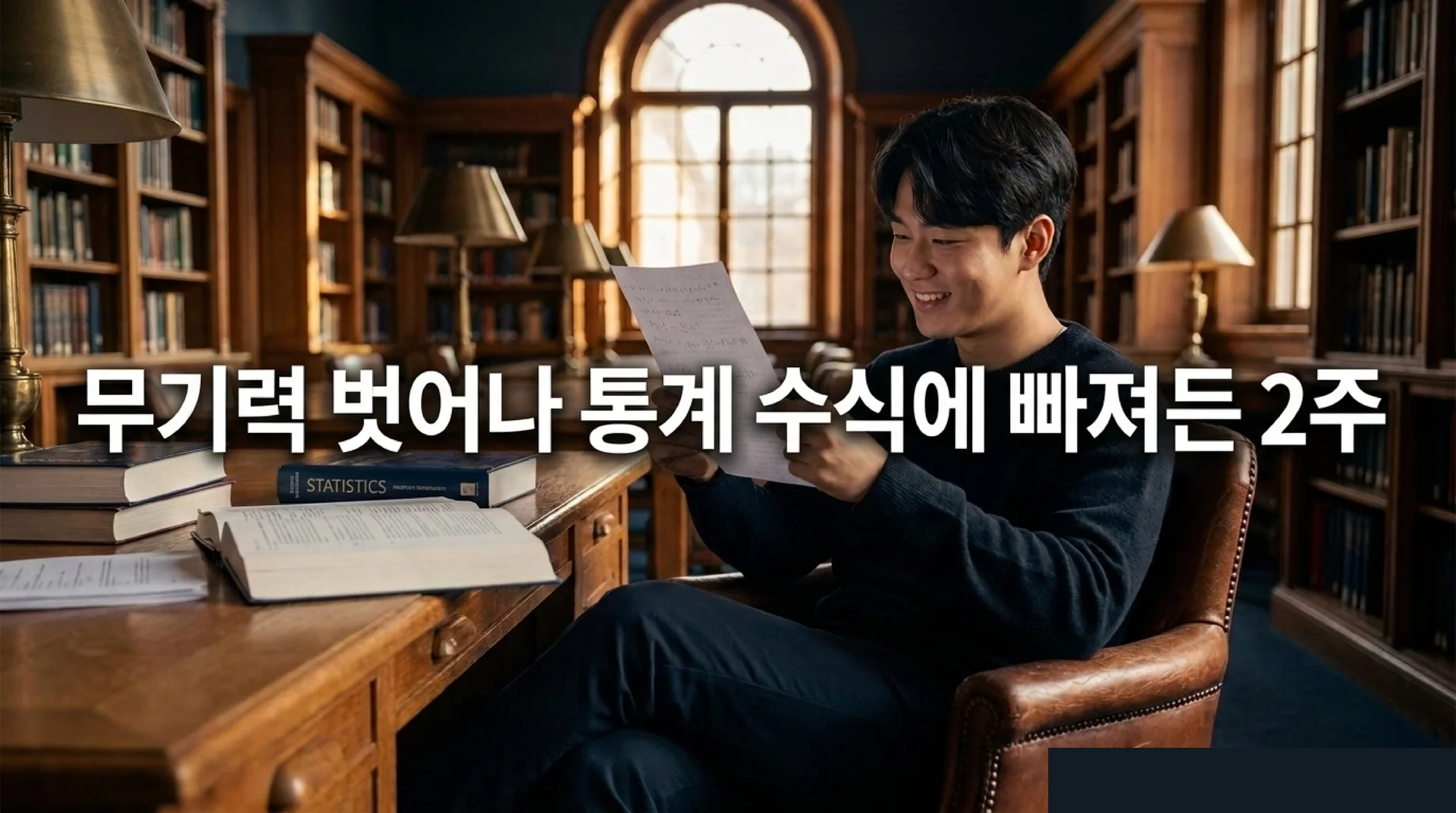 "고풍스러운 도서관에서 종이를 들고 밝게 웃고 있는 20대 남성과 책상 위 통계학 교재의 모습