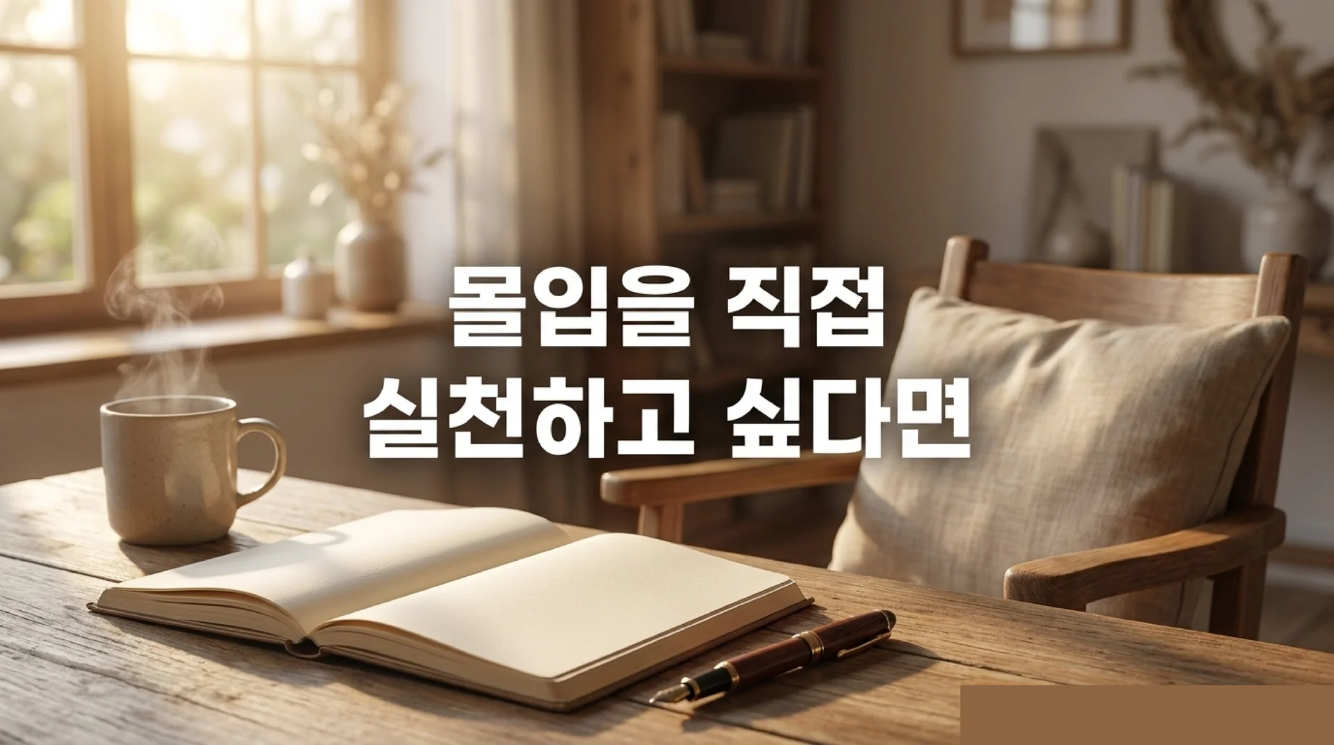 "따뜻한 햇빛이 드는 창가 나무 테이블 위에 열린 노트와 만년필