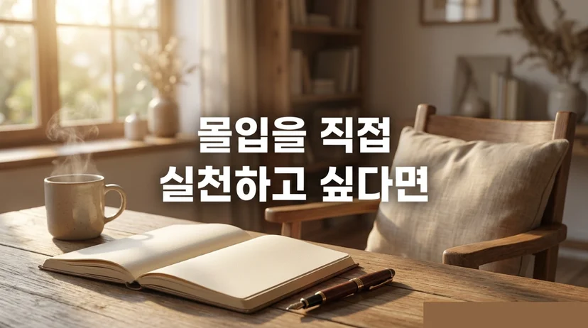 "따뜻한 햇빛이 드는 창가 나무 테이블 위에 열린 노트와 만년필