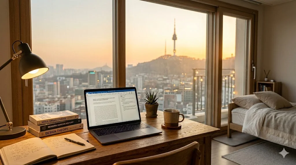 Apartment study desk overlooking  N Seoul Tower