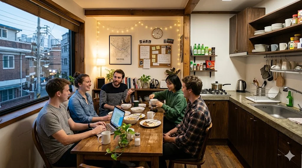 Diverse group of students dining together in a Seoul house