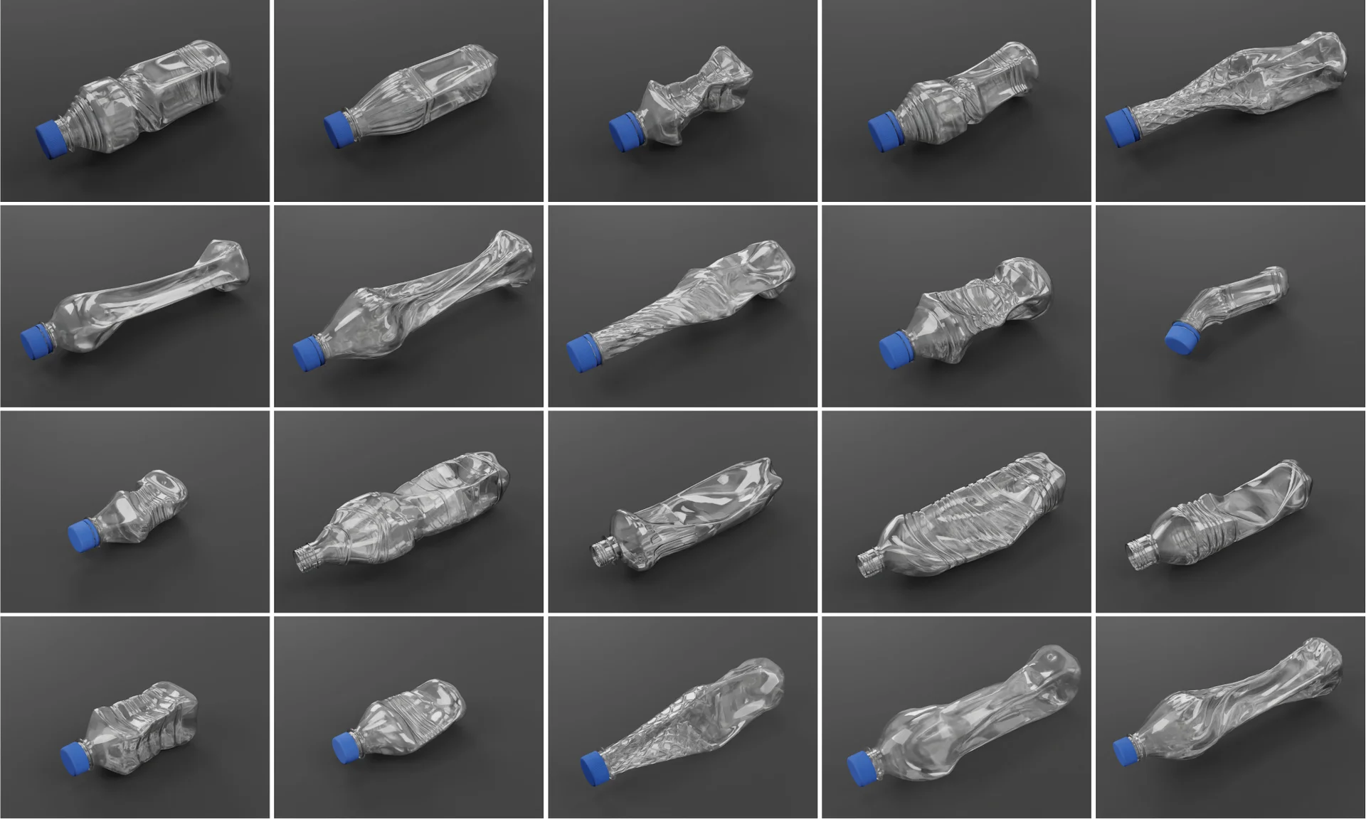 Pebblous' synthetic data for resource recycling Infinite Shape Deformation Simulation of Plastic Bottles.
