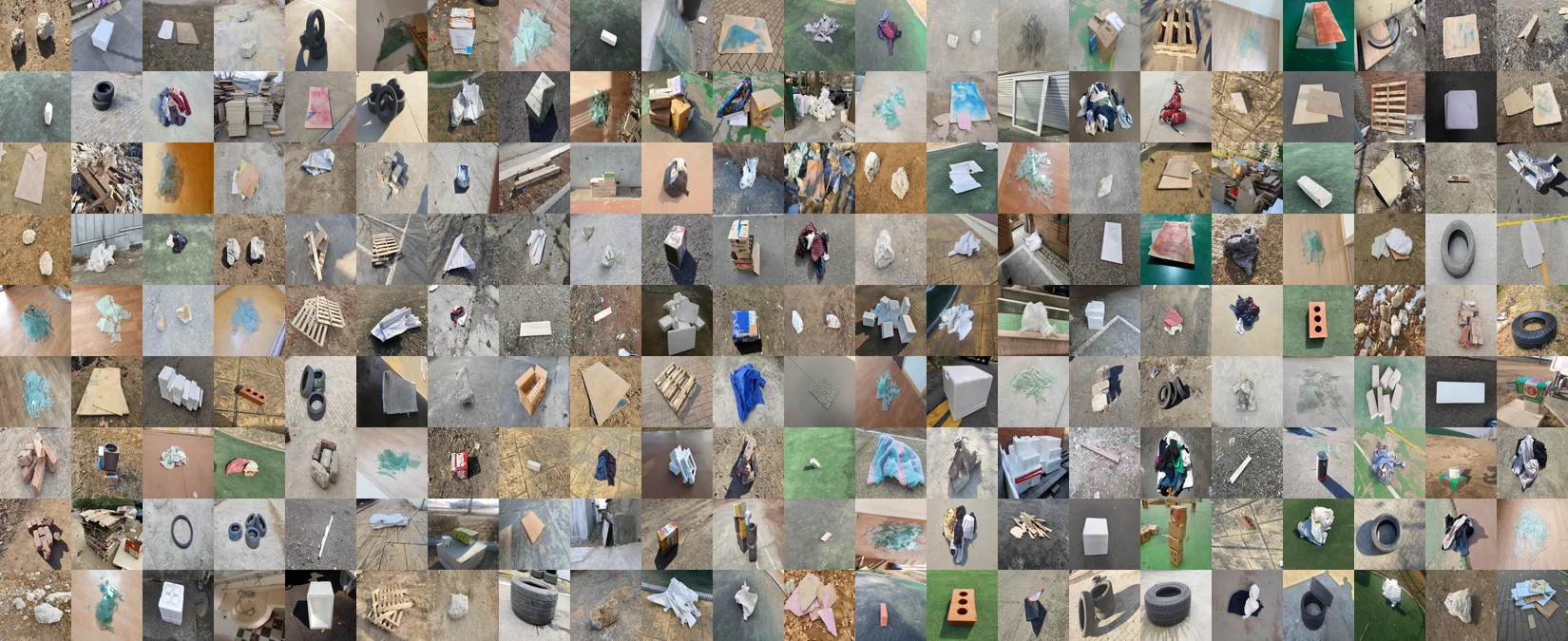 Industrial Waste Image Dataset Collage - 72 different types of wastes, including metals, waste fibers, glass ceramics, synthetic resins, etc