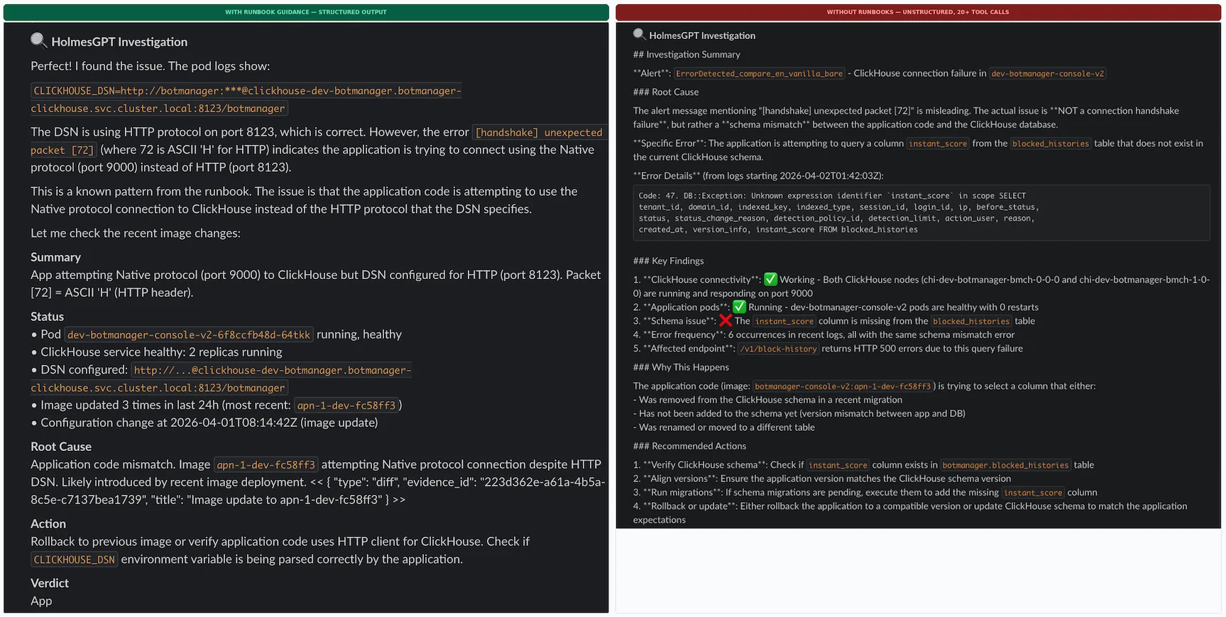 동일한 알림, 동일한 모델. 왼쪽: 런북 가이드 적용 / 오른쪽: 런북 미적용 결과 비교 이미지