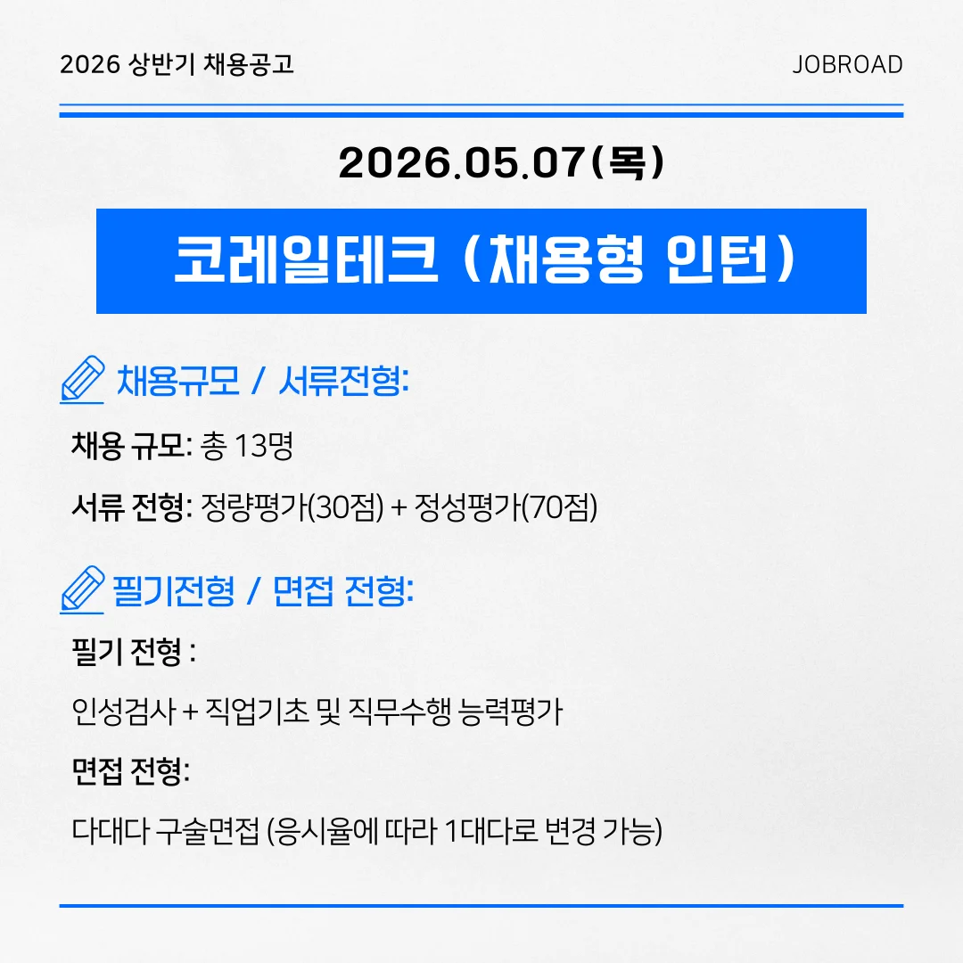 코레일테크 2026년 제1차 일반직사원(채용형인턴) 