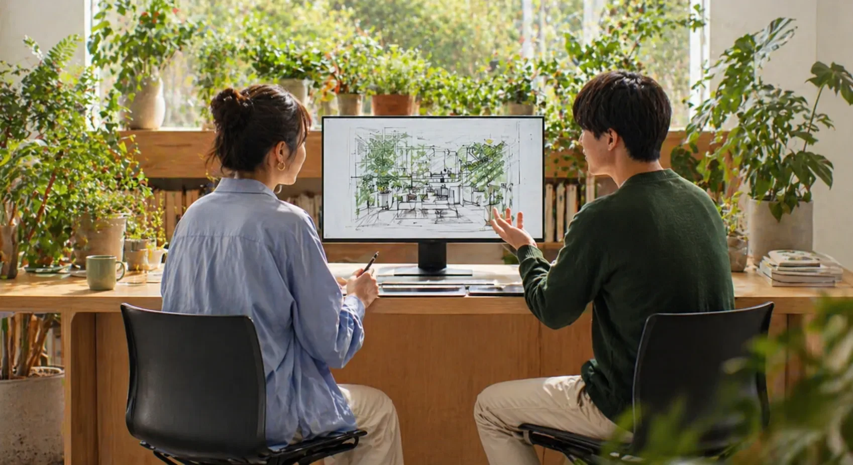 사무실 플랜테리어 설계 상담, 그린오피스 공간을 분석하는 모습
