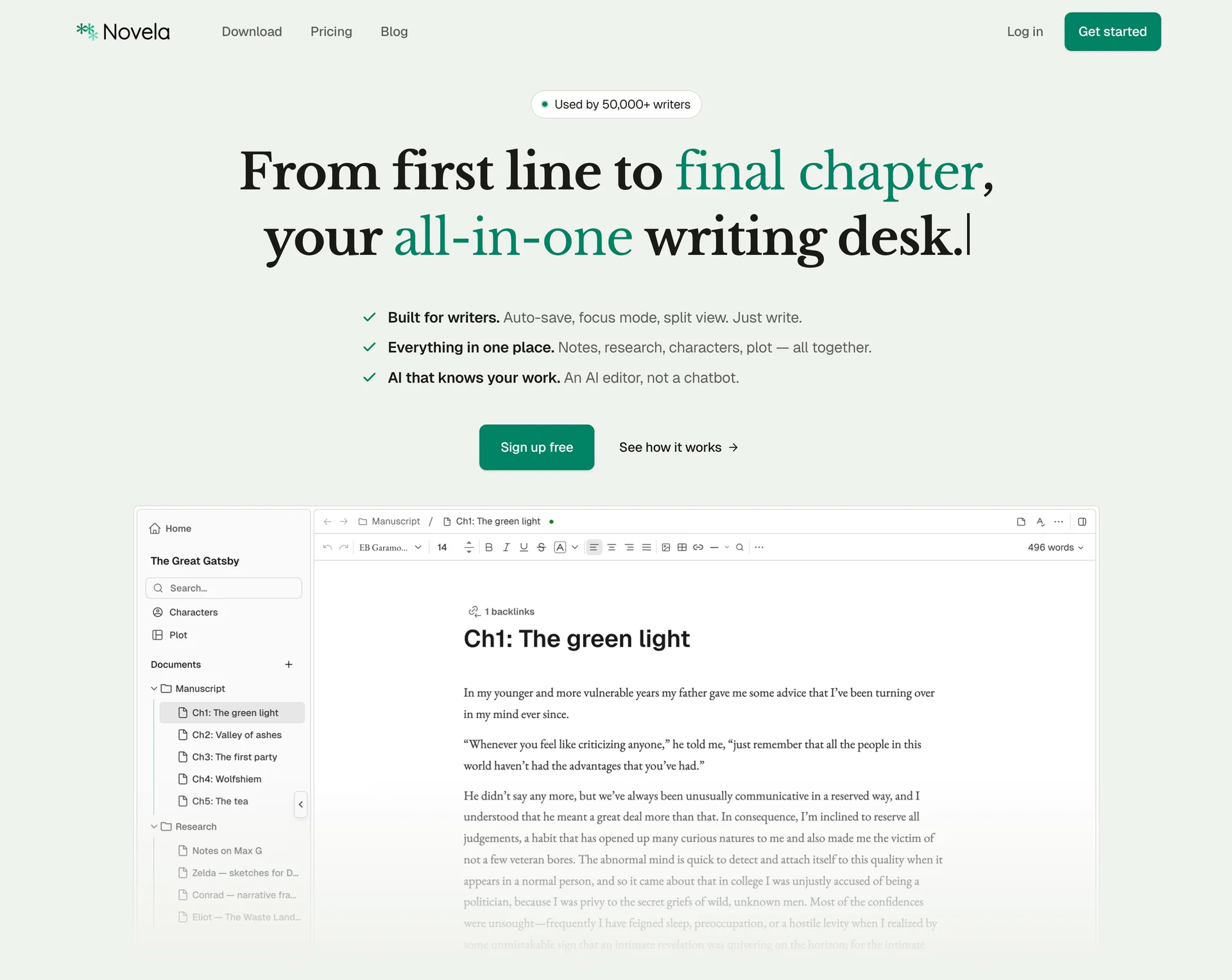 Novela landing page showcasing an all-in-one writing app for writers, with tools for manuscripts, characters, plot, research, and AI editing.