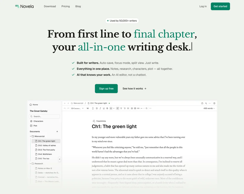 Novela landing page showcasing an all-in-one writing app for writers, with tools for manuscripts, characters, plot, research, and AI editing.