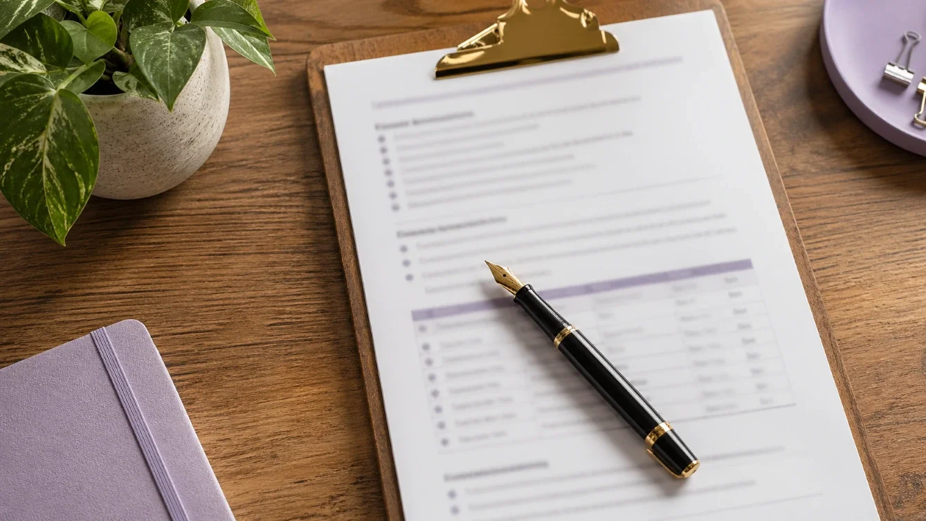 사무실 책상 위 자가 점검 서류 종이와 만년필이 놓여있는 모습