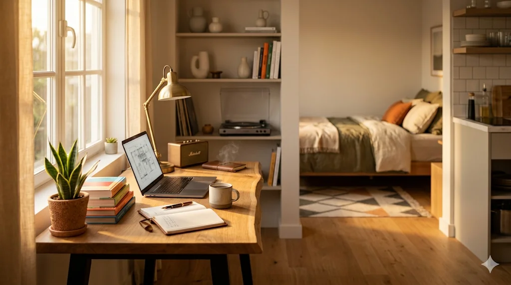 Warm sunlight room with laptop, coffee, and plants