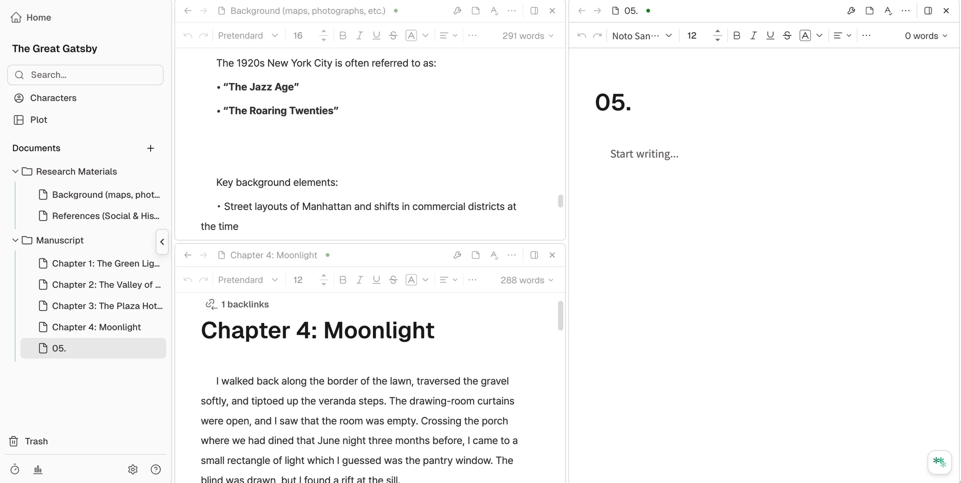Novela writing app workspace showing a split view for drafting a novel, with research notes, manuscript chapters, and an empty chapter editor arranged side by side.