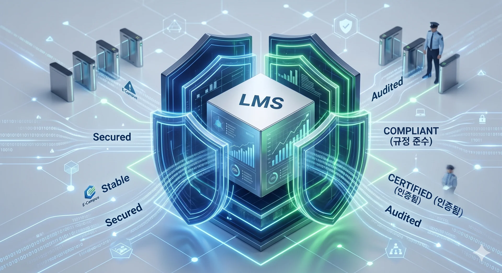 데이터 보안이 강화된 LMS 시스템을 상징하는 디지털 큐브와 방패