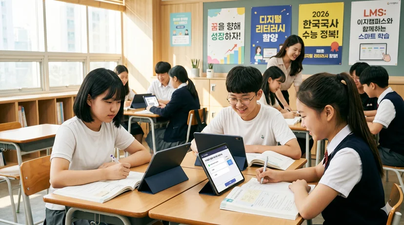 현대적인 교실에서 태블릿과 교과서를 함께 사용하며 집중하는 학생들이 있는 블렌딩 학습 현장
