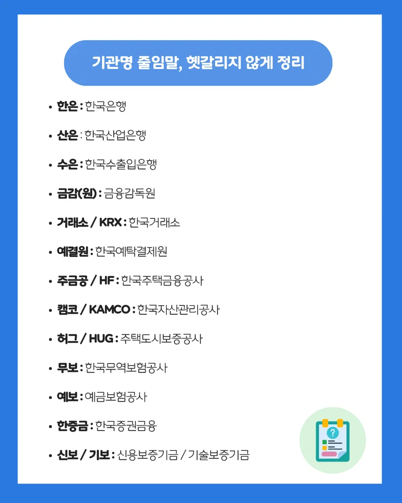 한은, 산은, 수은, 금감원, 주금공 등 금융공기업 기관명 약어 정리