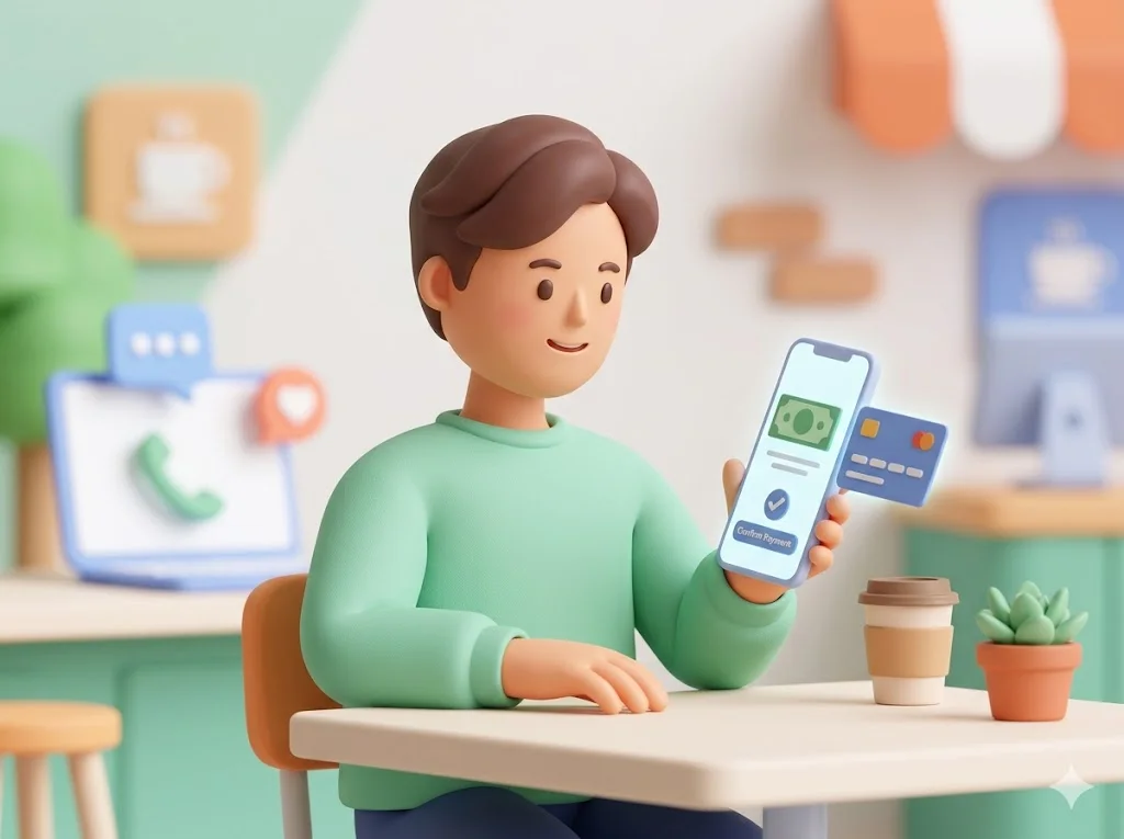 스마트폰으로 비대면결제를 하는 남자의 3D 일러스트