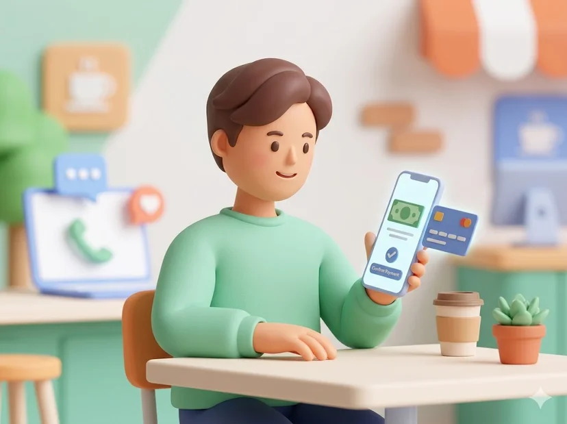 스마트폰으로 비대면결제를 하는 남자의 3D 일러스트