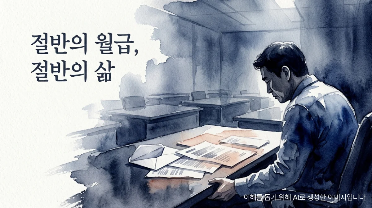 텅 빈 사무실 책상에 홀로 앉아 종이를 내려다보는 중년 남성의 옆모습