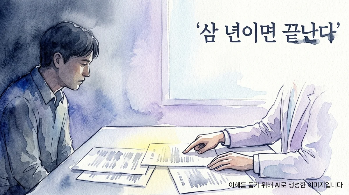 상담실 테이블을 사이에 두고 서류를 함께 살펴보는 두 인물의 옆모습