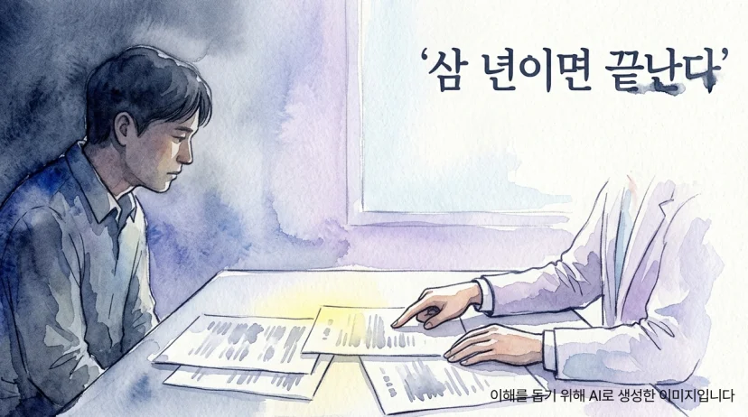 상담실 테이블을 사이에 두고 서류를 함께 살펴보는 두 인물의 옆모습