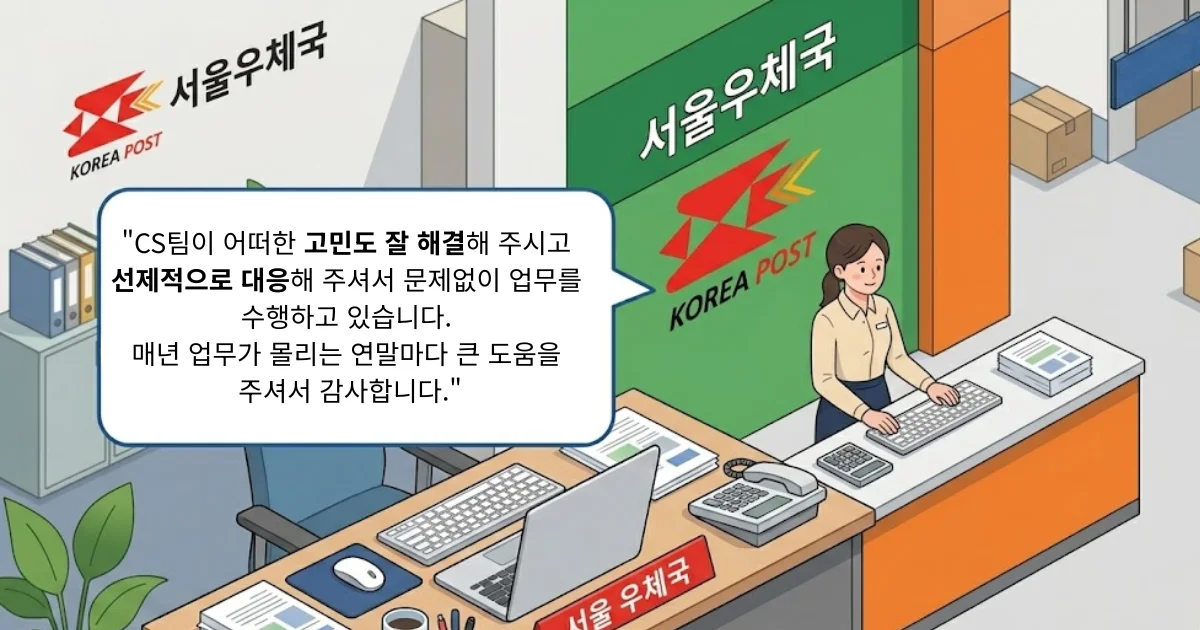 서울 소재 한 우체국 운영지원팀 회계팀장은 이렇게 말했습니다. "CS팀이 어떠한 고민도 잘 해결해 주시고 선제적으로 대응해 주셔서 문제없이 업무를 수행하고 있습니다. 매년 업무가 몰리는 연말마다 큰 도움을 주셔서 감사합니다."