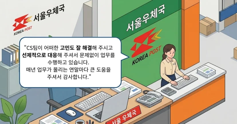 서울 소재 한 우체국 운영지원팀 회계팀장은 이렇게 말했습니다. "CS팀이 어떠한 고민도 잘 해결해 주시고 선제적으로 대응해 주셔서 문제없이 업무를 수행하고 있습니다. 매년 업무가 몰리는 연말마다 큰 도움을 주셔서 감사합니다."