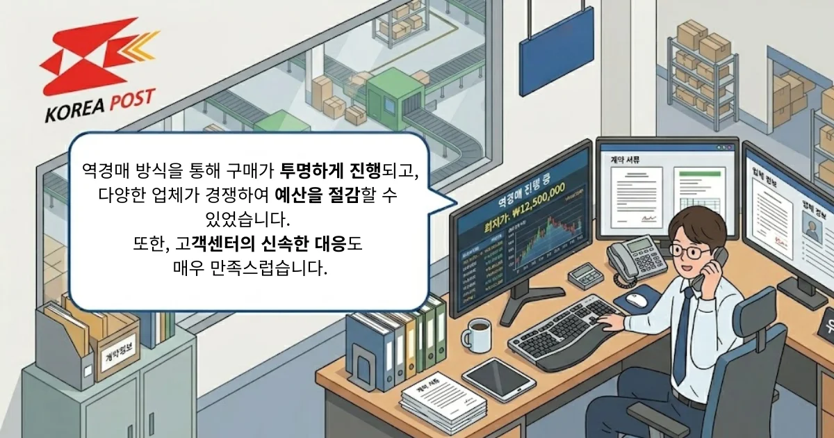 한 우편집중국 계약담당자는 실제 경험을 이렇게 전했습니다. "역경매 방식을 통해 구매가 투명하게 진행되고, 다양한 업체가 경쟁하여 예산을 절감할 수 있었습니다. 또한, 고객센터의 신속한 대응도 매우 만족스럽습니다."