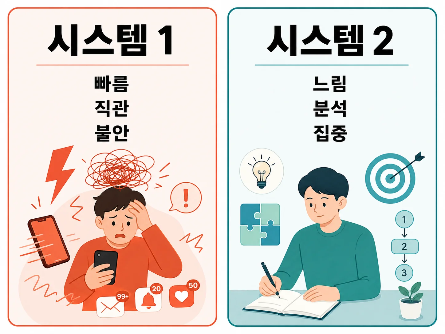 시스템 1 사고와 시스템 2 사고를 대비해 보여주는 2분할 인포그래픽. 왼쪽은 시스템 1로, 스마트폰을 들고 불안해하는 인물과 알림 아이콘, 번개, 뒤엉킨 선을 통해 빠름·직관·불안을 표현했다. 오른쪽은 시스템 2로, 노트에 글을 쓰는 차분한 인물과 전구, 퍼즐, 과녁, 단계 표시를 통해 느림·분석·집중을 표현했다.