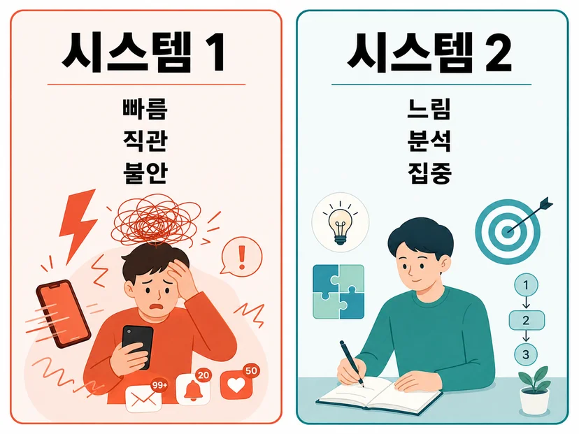 시스템 1 사고와 시스템 2 사고를 대비해 보여주는 2분할 인포그래픽. 왼쪽은 시스템 1로, 스마트폰을 들고 불안해하는 인물과 알림 아이콘, 번개, 뒤엉킨 선을 통해 빠름·직관·불안을 표현했다. 오른쪽은 시스템 2로, 노트에 글을 쓰는 차분한 인물과 전구, 퍼즐, 과녁, 단계 표시를 통해 느림·분석·집중을 표현했다.