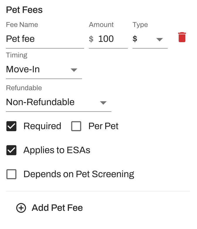 Configure structured pet fees at the unit level or as a portfolio default.