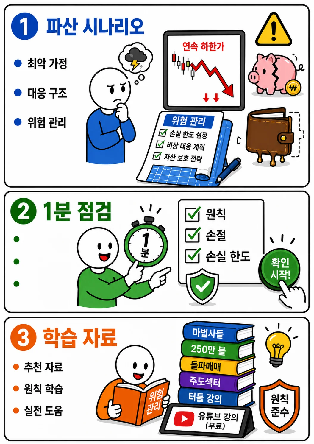 3단계 투자 실천 가이드를 심플한 만화로 표현한 인포그래픽. 1단계는 하락 차트, 깨진 돼지저금통, 위험 관리 체크리스트로 파산 시나리오 점검을 보여주고, 2단계는 1분 타이머와 체크리스트로 투자 전 점검 루틴을, 3단계는 책과 유튜브 강의, 방패 아이콘으로 위험 관리 학습 자료를 나타낸다.