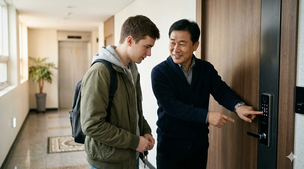 Host showing smart door lock system to student